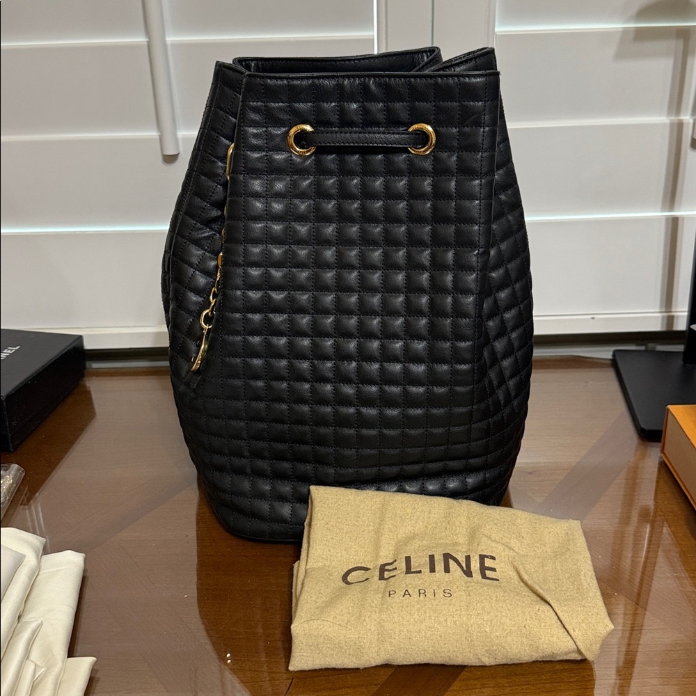 Celine Black Quilted Leather Drawstring Backpack with Gold Hardware